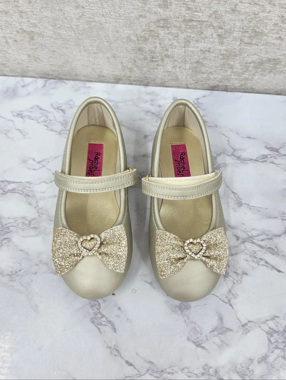 Rachel Shoes Gold Glitter Bow Mary Janes Ballet Flats Rhinestone Hearts